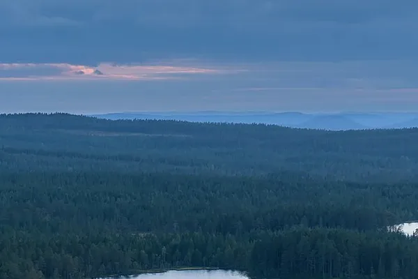 Vidsträckt barrskog i skymningsljus med sjö i Bergslagen