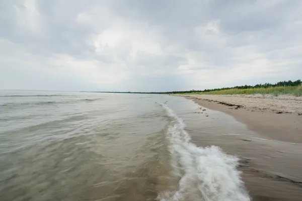 Lång sandstrand med vågor och sanddyner under molnig himmel