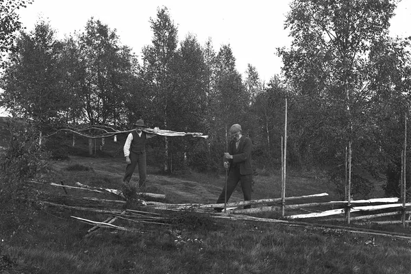 Svartvit bild av två män vid gärdesgård bland björkar